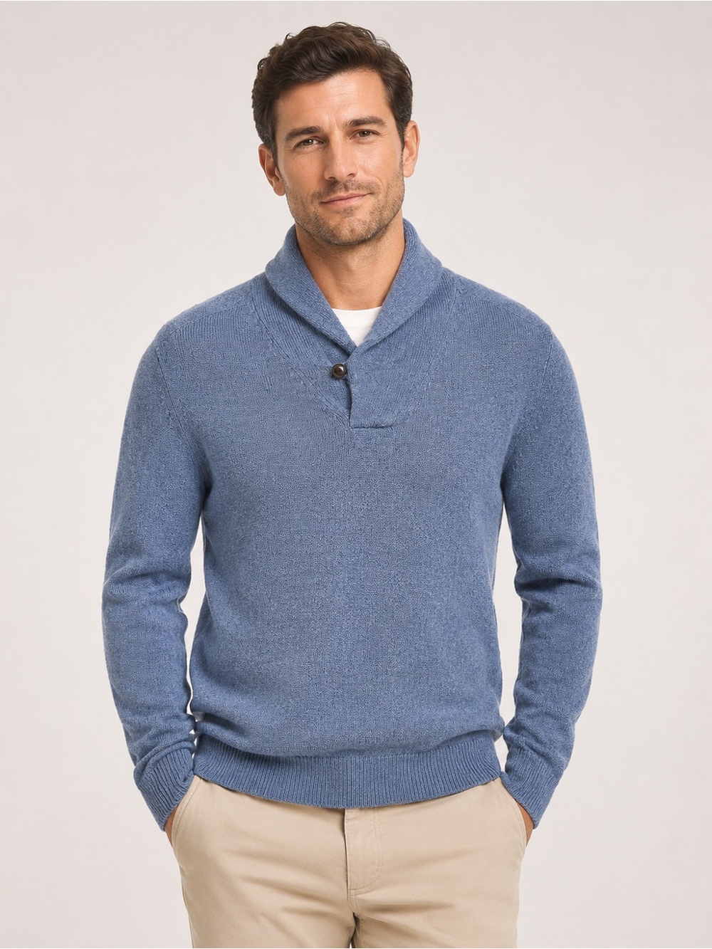 Brooks Brothers Men’s M 100% Italian Lambswool Shawl Collar Sweater Blue Vintage
